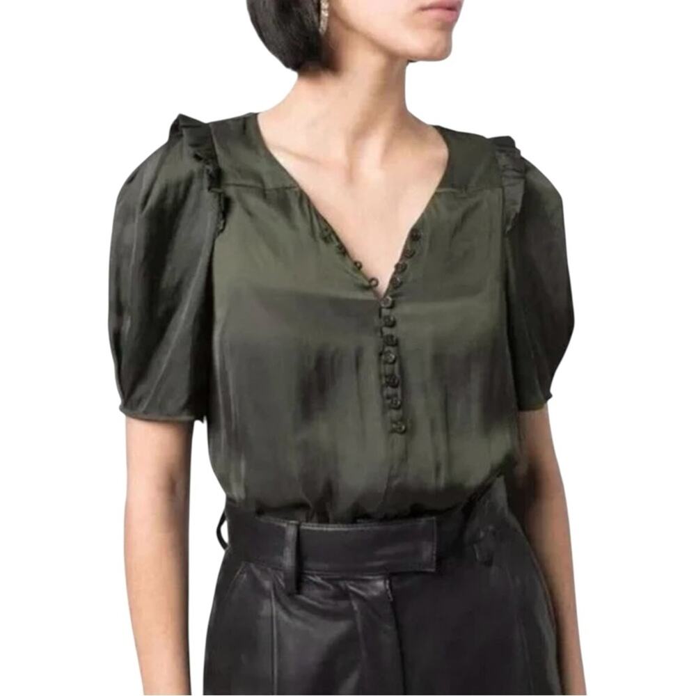 Zadig & Voltaire Twisty Satin Green Ruffle Blouse SMALL